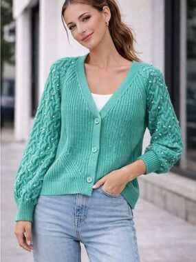 BiBi Mint Green Pearl-Embellished Cable Sleeve V-Neck Cardigan